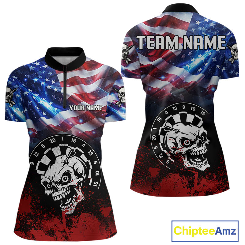 Personalized American Flag Funny Skull Darts Shirt For Women Custom Patriotic Darts Team Jerseys TDM4262