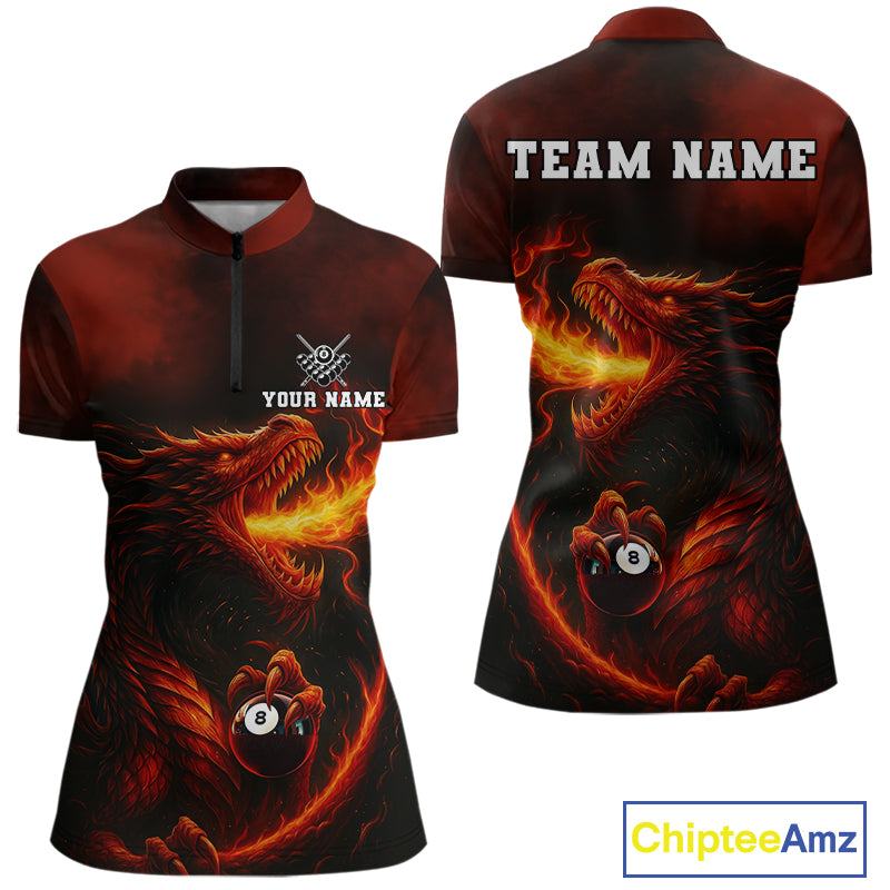Personalized Flame Dragon 8 Ball Billiard Shirt For Women Custom Red Pool Team Jersey Polo, 1/4 Zip TDM4445