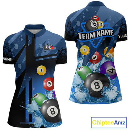 Blue Billiard Jerseys For Women Custom 3D Pool Balls Billiard Shirts Team Polo & Quarter Zip TDM4087