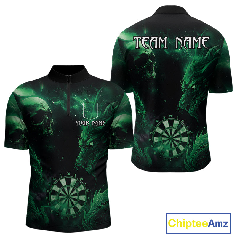 Black Green Custom Dragon Darts Shirt For Men, Darts Jersey Pocket Option TDM4448