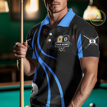 Personalized Billiard 8 Ball & 9 Ball Pool Shirt For Men, Billiard Jersey Team Polo & 1/4 Zip|Blue TDM4456