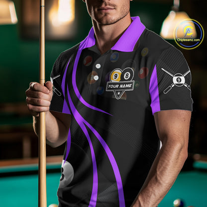 Customized Billiard 8 Ball & 9 Ball Pool Shirt For Men, Billiard Team Jersey Polo & 1/4 Zip|Purple TDM4458