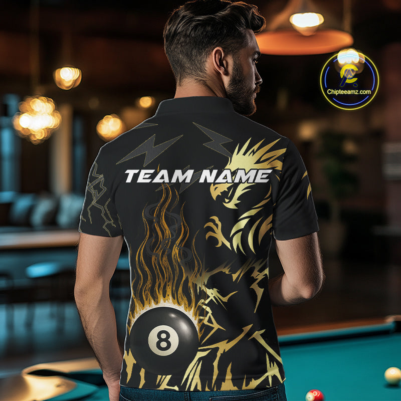 Black And Gold Flame 8 Ball Pool Shirt For Men Custom Dragon Billiards Team Jersey Polo & 1/4 Zip TDM4103