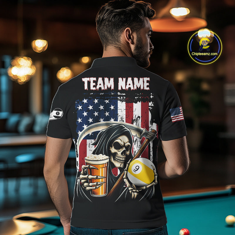 Custom Blue Flaming Grim Reaper 8 Ball Pool Billiard Shirt For Men, Funny Skull Pool Team Jersey TDM4280