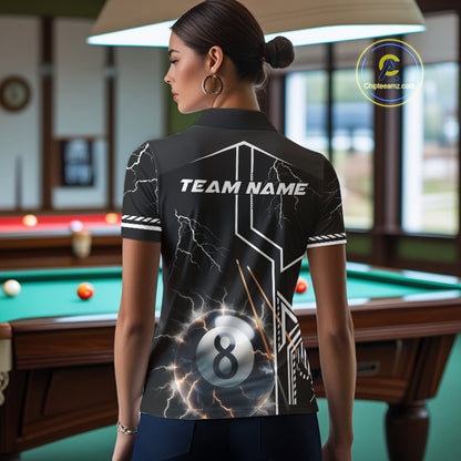 Personalized Thunder Lighting 8 Ball Shirt For Women, White Black Billiard Team Shirts, Pool Jerseys TDM4110