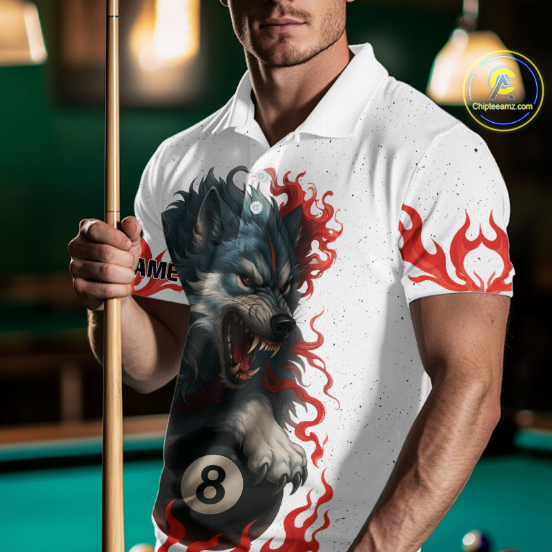 Personalized Wolf Flaming 8 Ball Billiard Shirts For Men Custom Billiard Pool Team Jersey |Red TDM4111