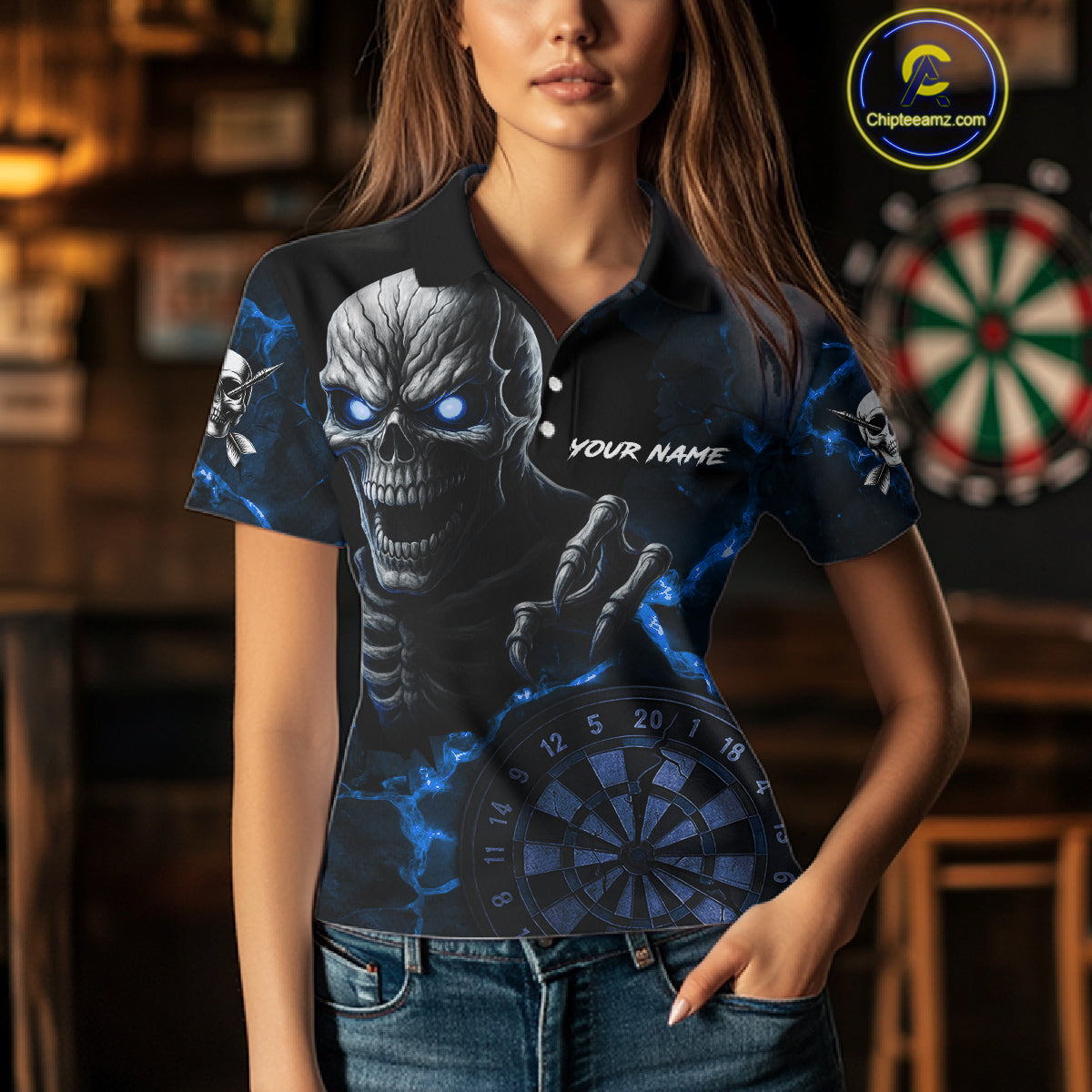 Personalized Skull Darts Polo & Quarter Zip For Women Custom Fire Darts League Team Jersey |Blue TDM4719