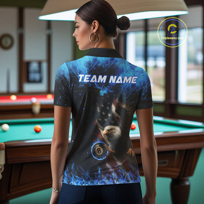 Blue Flaming American Flag Eagle Billiard Shirt For Women Custom 8 Ball Pool Jersey Polo & 1/4 Zip TDM4298