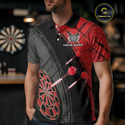 Grunge Red Black Dartboard Light Men Darts Polo & 1/4 Zip Custom Dart Shirt For Team Dart Jersey TDM4125