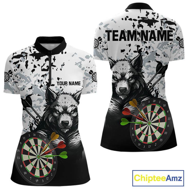 Personalized Grunge White Black Funny Wolf Darts Shirt For Women Custom Team Darts Jersey Outfit TDM4494