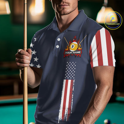 Personalized American Flag Blue Navy 9 Ball Pool Team Shirt For Men Custom Patriotic Billiard Shirt TDM4735