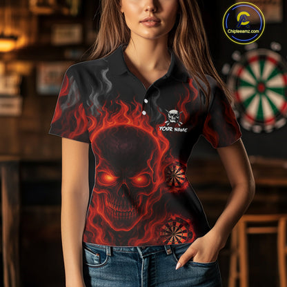Flaming Skull Darts Shirt For Women Custom Red Darts Jerseys Team Polo & Quarter Zip, Darts Gifts TDM4135
