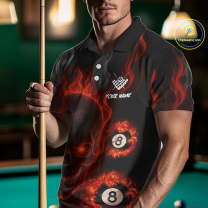 Red Flaming Skull 8 Ball Billiard Shirt For Men Custom Pool Jerseys Team Polo & Quarter Zip TDM4136