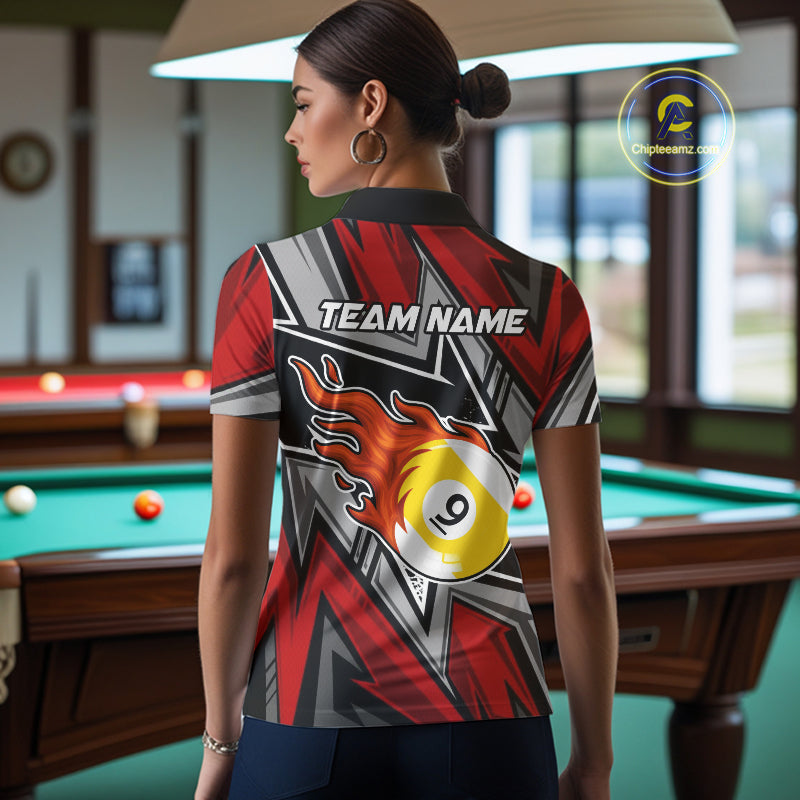 Personalized Women's Billiard Shirts, Flame 8&9 Ball Custom Red Zig-Zag Billiard Team Jerseys TDM4137