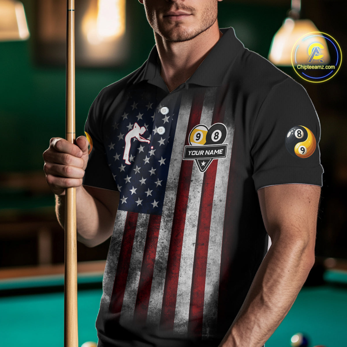 Grunge American Flag 8 & 9 Ball Yin-Yang Billiard Polo & 1/4 Zip Custom Pool Team Jersey For Men TDM4517