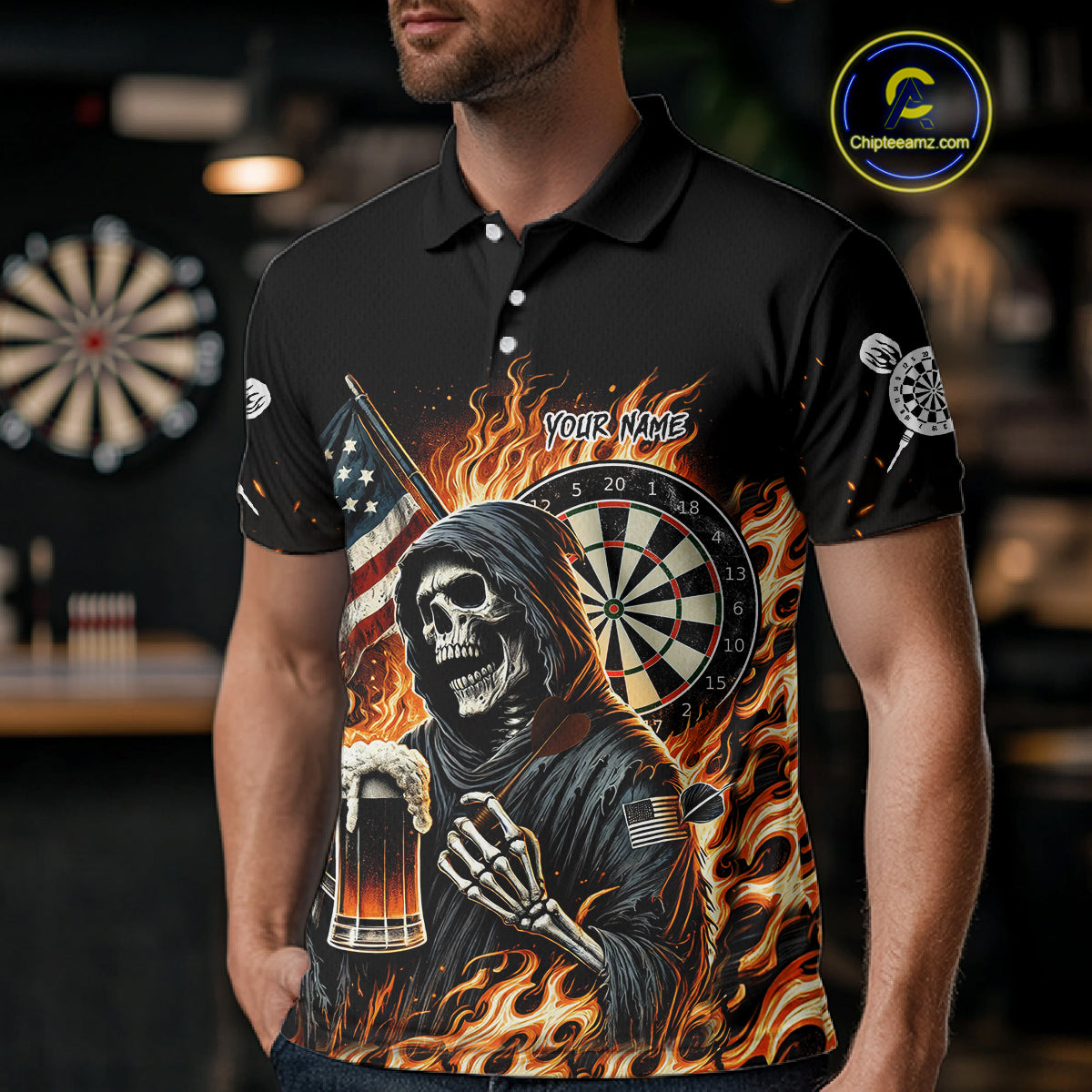 Flaming Grim Reaper Beer Darts Shirt Custom US Flag Darts Polo & Quarter Zip Jerseys For Women TDM4526