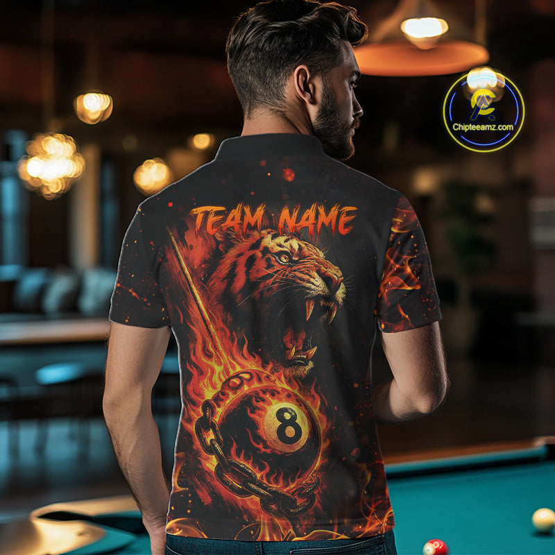 Personalized 8 Ball Chain Flame Tiger Billiard Shirt For Men, Pool Jerseys Polo & 1/4 Zip TDM4395