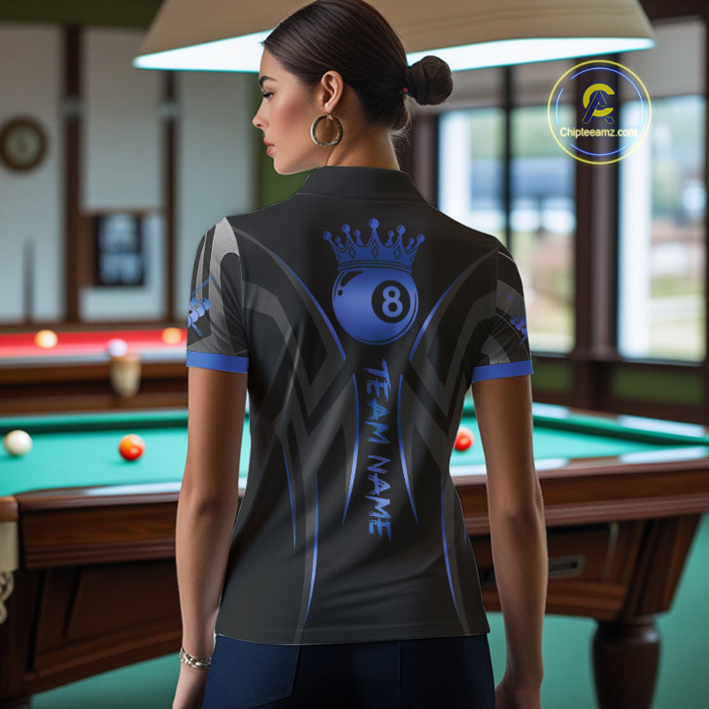 Black And Blue 8 Ball Crown Tribal Billiard Shirt For Women Custom Pool Team Jersey Polo & 1/4 Zip TDM4417