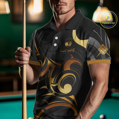Black And Gold 9 Ball Crown Tribal Billiard Shirt For Men Custom Pool Team Jersey Polo & 1/4 Zip TDM4418