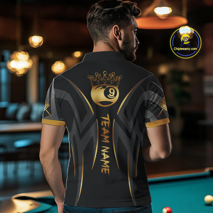 Black And Gold 9 Ball Crown Tribal Billiard Shirt For Men Custom Pool Team Jersey Polo & 1/4 Zip TDM4418