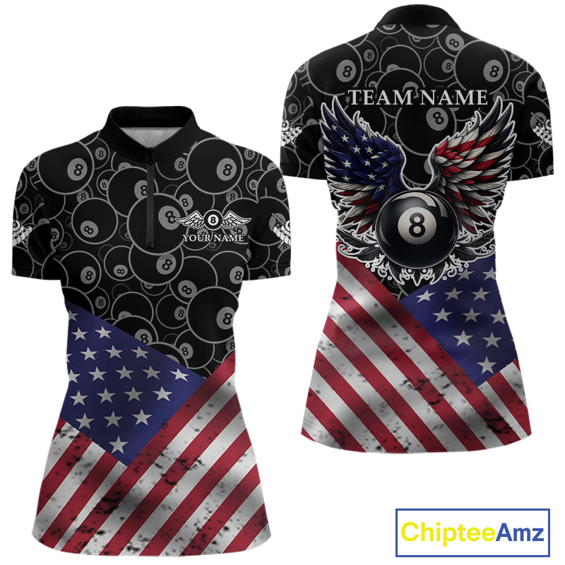 Personalized American Flag 8 Ball Wings Billiard Shirt For Women, Patriotic Pool Team Jerseys TDM4435