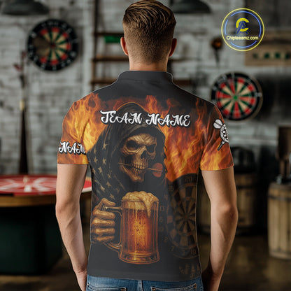 Personalized Funny Grim Reaper & Beer Fire Darts Shirt For Men, Dart Jersey Team Polo & 1/4 Zip TDM4486