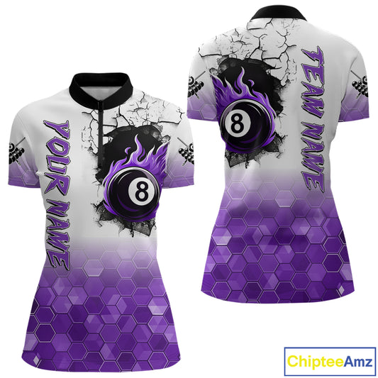 Custom White And Purple Hexagon 8 Ball Flame Billiard Shirt For Women, Funny Pool Team Jersey TDM4553