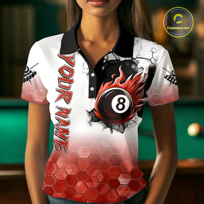 Custom White And Red Hexagon 8 Ball Flame Billiard Shirt For Women, Funny Pool Team Jersey TDM4554