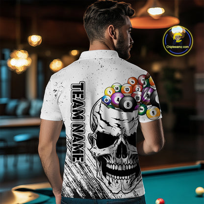 Personalized White Grunge Billiard Balls Skull Pool Shirt For Men, Funny Billiard Team Jersey TDM4578