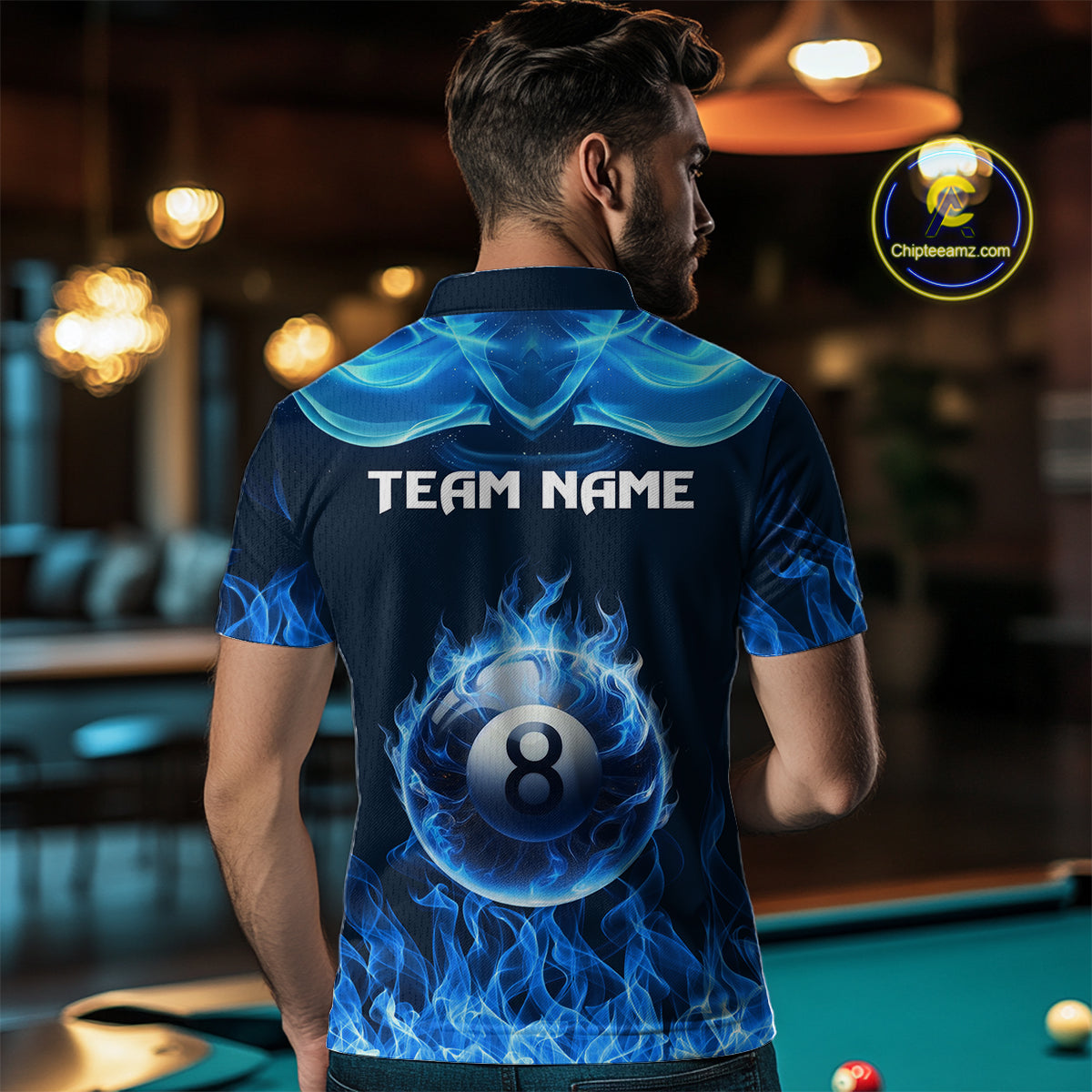 Blue Flaming 8 Ball Pool Billiard Shirts For Men Custom Polo & Quarter Zip Billiard Team Jerseys TDM3999