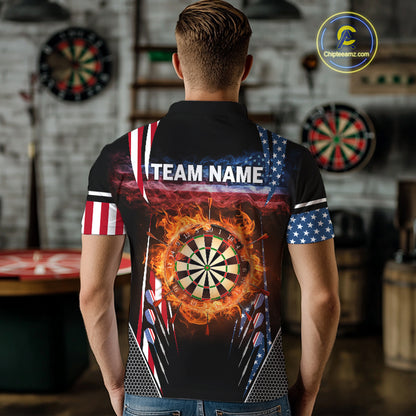 Personalized American Flag Dartboard Fire Flame Darts Shirt For Men, Patriotic Darts League Jersey TDM4796