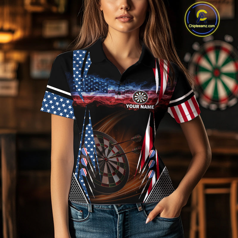 Personalized American Flag Dartboard Fire Flame Darts Shirt For Women, Patriotic Darts League Jersey TDM4796