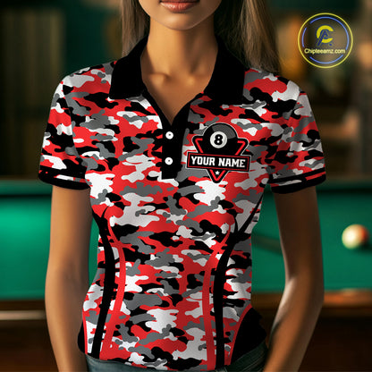 Custom Red Camouflage 8 Ball Pool Billiard Shirt For Women, Billiard Jersey Outfit, Pool Team Shirt TDM4204