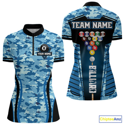 Custom Blue Camouflage 8 Ball Pool Billiard Shirt For Women, Billiard Jersey Outfit, Pool Team Shirt TDM4205