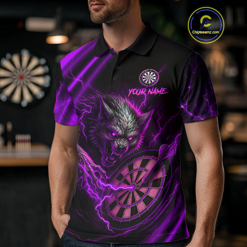 Personalized Purple Thunder Lightning Wolf Darts Shirt For Men, Darts Team Jersey Polo & 1/4 Zip TDM4384