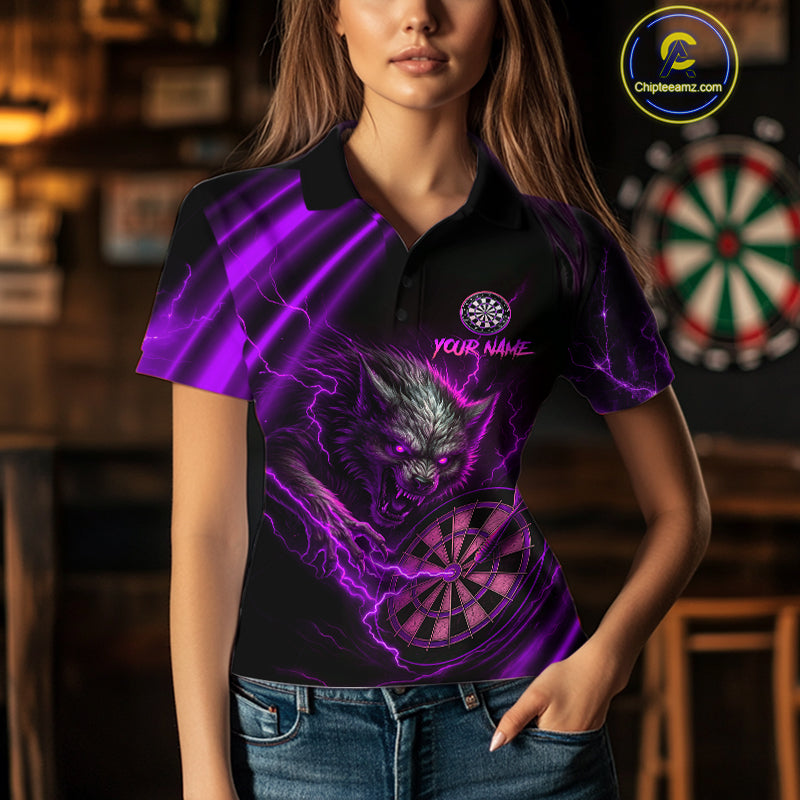 Personalized Purple Thunder Lightning Wolf Darts Shirt For Women, Darts Team Jersey Polo & 1/4 Zip TDM4384