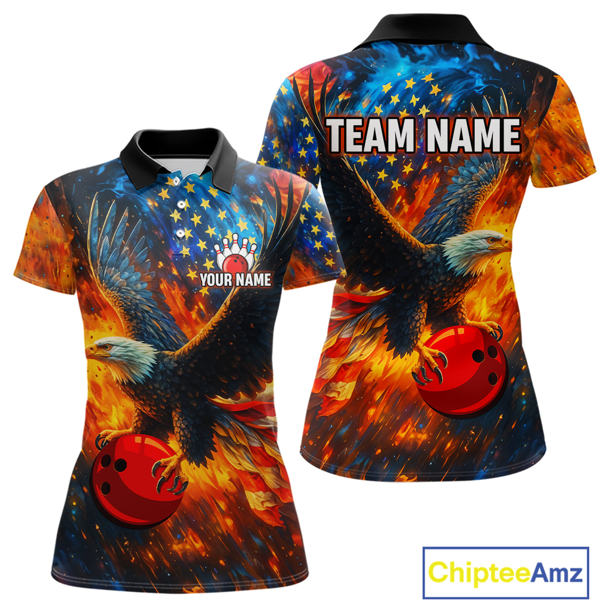 Personalized Orange Flaming American Flag Bowling Shirt For Women Custom Eagle Bowling Team Jersey TDM4642