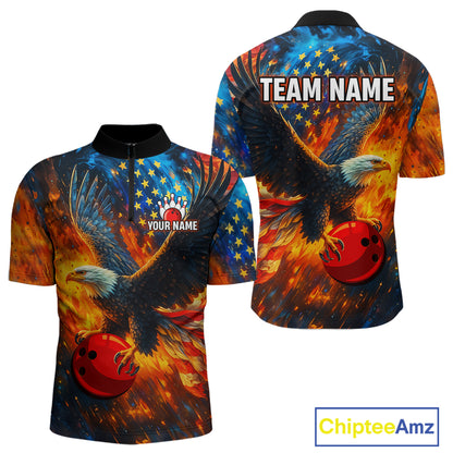 Personalized Orange Flaming American Flag Bowling Shirt For Men Custom Eagle Bowling Team Jersey TDM4642