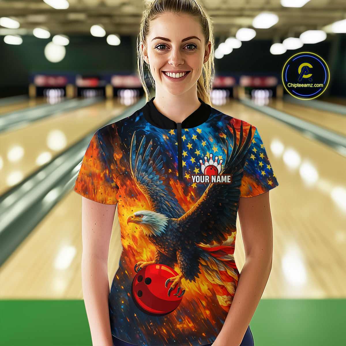 Personalized Orange Flaming American Flag Bowling Shirt For Women Custom Eagle Bowling Team Jersey TDM4642