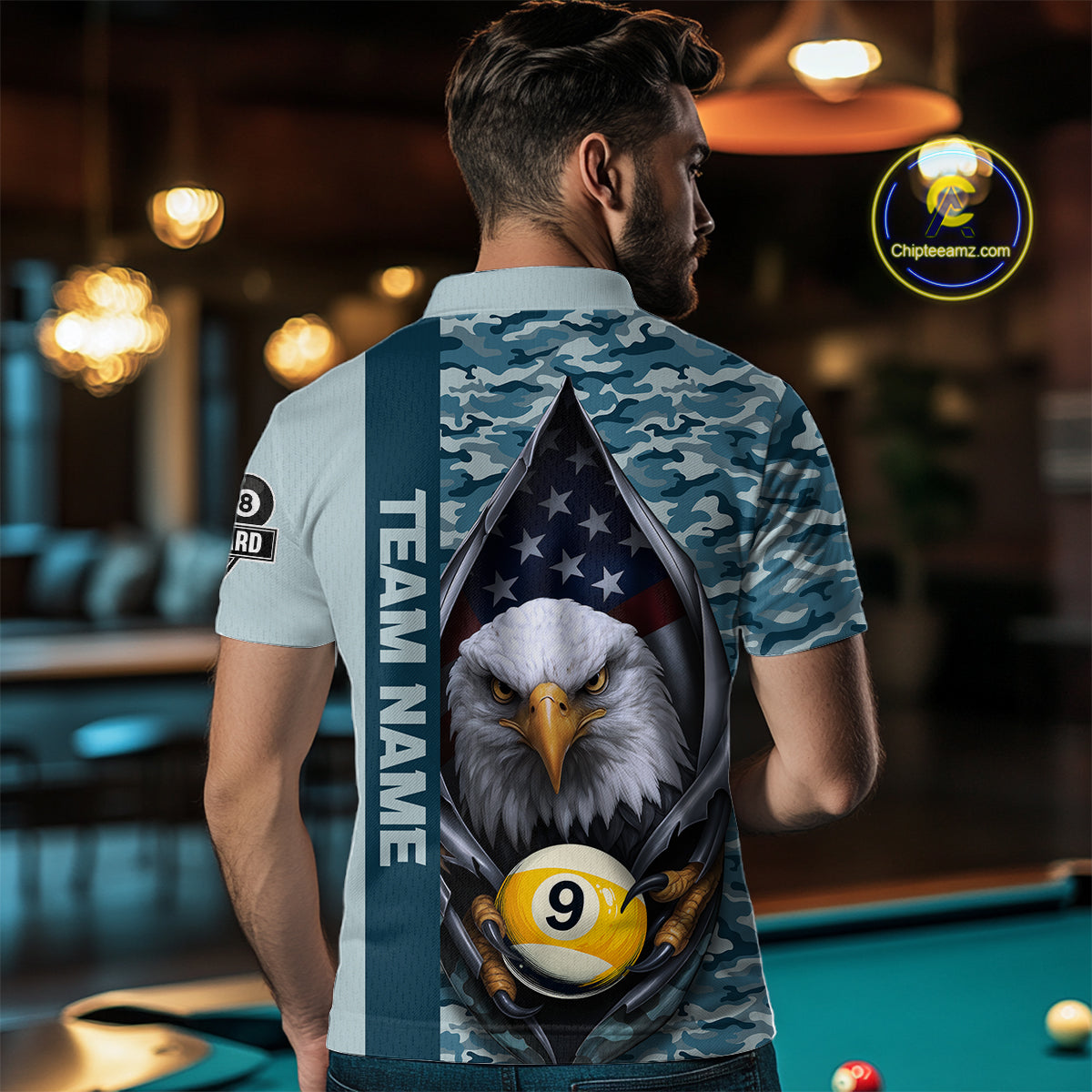 Blue Camo American Flag Eagle 8 Ball & 9 Ball Pool Jersey For Men Custom Billiard Team Shirt TDM4660
