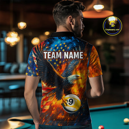 Personalized Orange Flaming US Flag 8 Ball & 9 Ball Eagle Billiard Shirt For Men, Pool Team Jersey TDM4259