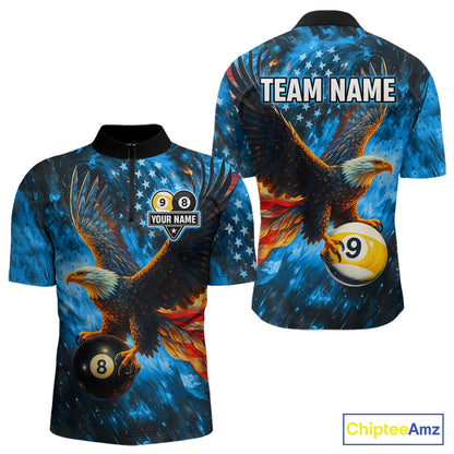 Personalized Blue Flaming US Flag 8 Ball & 9 Ball Eagle Billiard Shirt For Men, Pool Team Jersey TDM4260