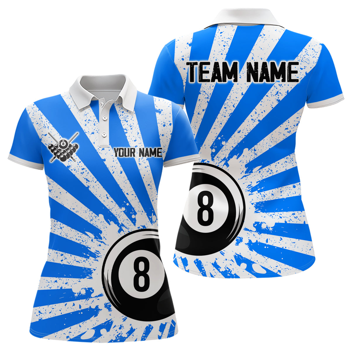 Funny Grunge Billiard 8 Ball Women Polo & Quarter-Zip Shirts Custom Blue 8 Ball Pool Jerseys Attire TDM1694