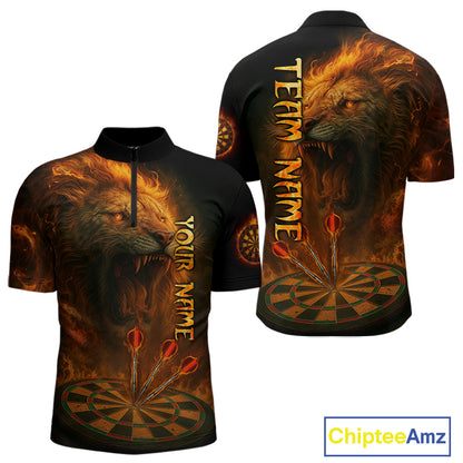 Personalized Fire Flame Lion Darts Shirt For Men Custom Orange Darts League Jersey Polo & 1/4 Zip TDM4678