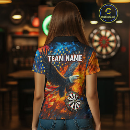Personalized Orange Flaming US Flag Eagle Darts Shirt For Women, Patriotic Darts Team Jerseys TDM4438