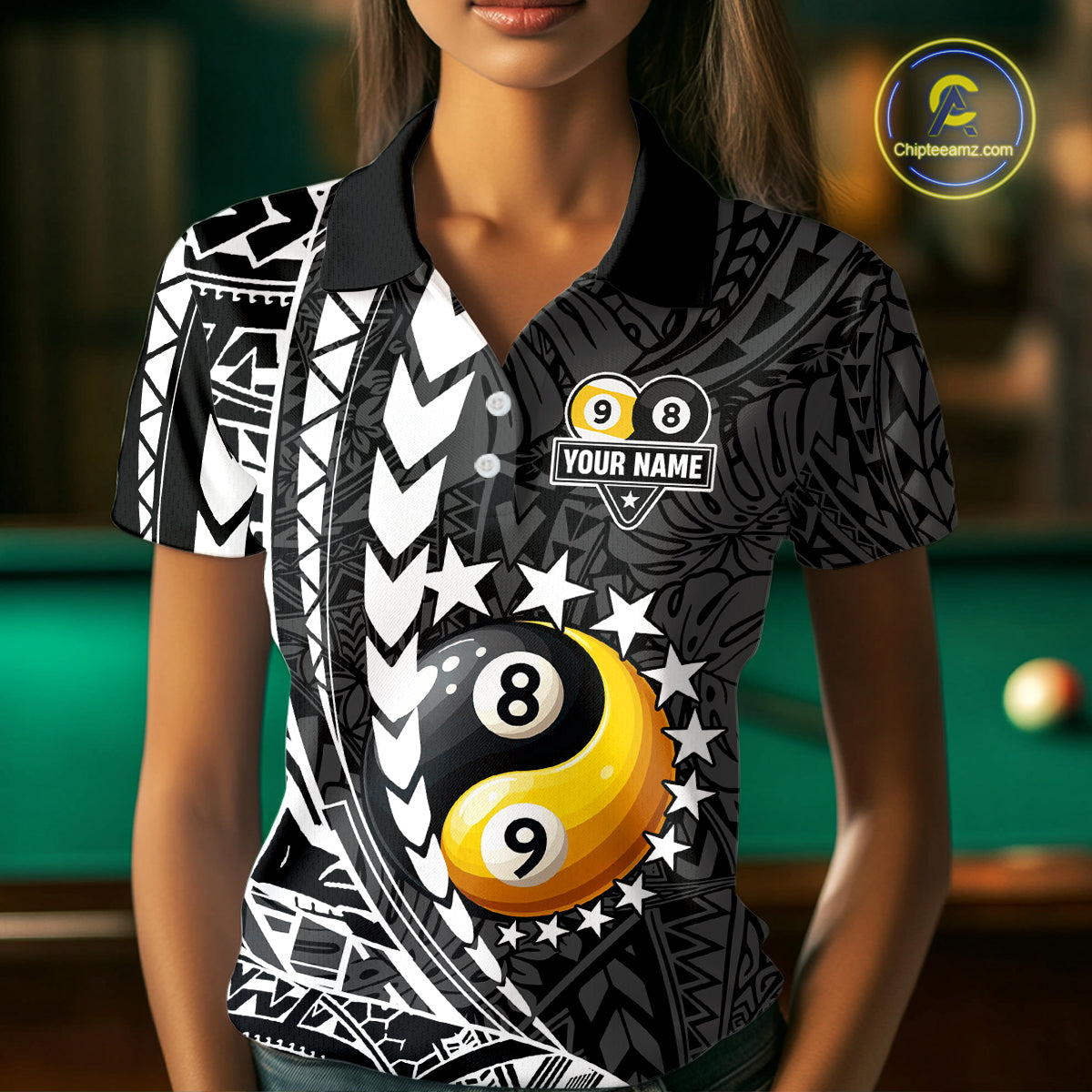 Custom White Black Tribal Yin-Yang 8 & 9 Ball Billiard Shirt For Women, Funny Pool Team Jersey TDM4687