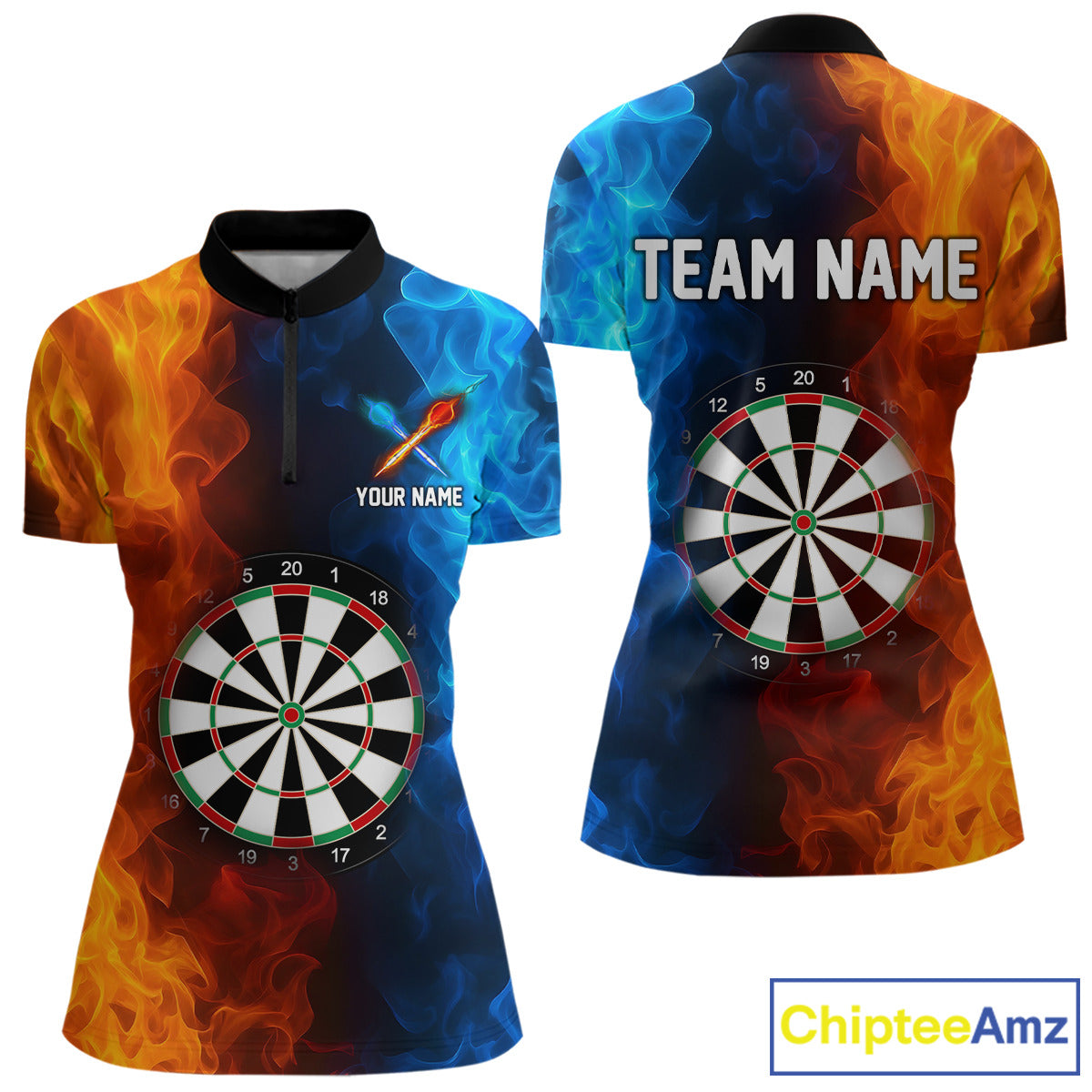 Blue And Orange Custom Fire Darts Shirt For Women, Personalized Darts Team Jersey Polo & 1/4 Zip TDM4206