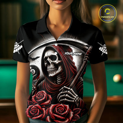 Grim Reaper 8 Ball Pool Roses Billiard Shirt For Women Custom Funny Pool Team Shirt Design |Red TDM4235