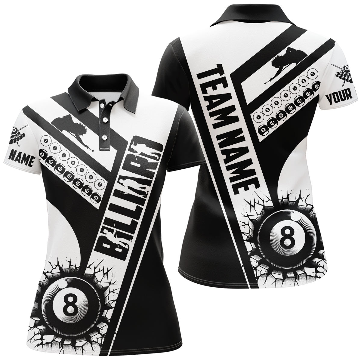 Custom Black White Cracky Billiard 8 Ball Pool Women Polo Shirts, Unique Pool Balls Shirts For Team TDM0954