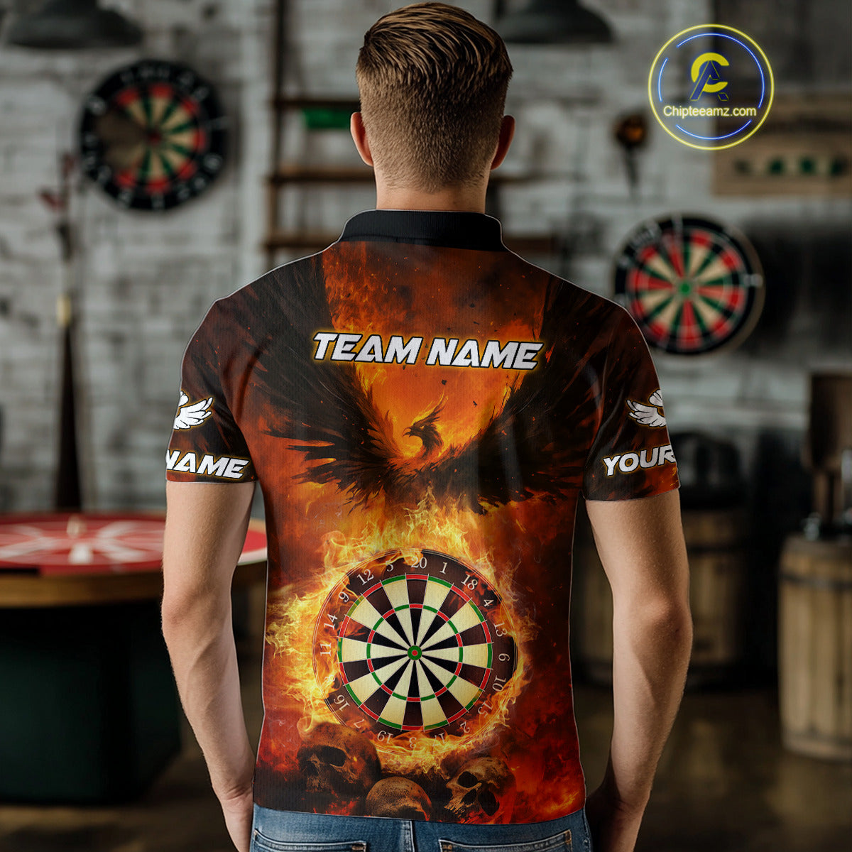 Personalized Orange Flaming Phoenix Darts Shirt For Men, Darts League Jersey Team Polo & 1/4 Zip TDM4490